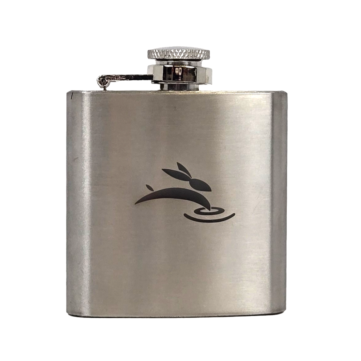 Stainless steel flask engraved with Rabbit Laser USA logo
