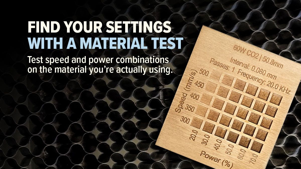 Laser material test grid on wood comparing speed and power combinations to help find the best settings for a material.