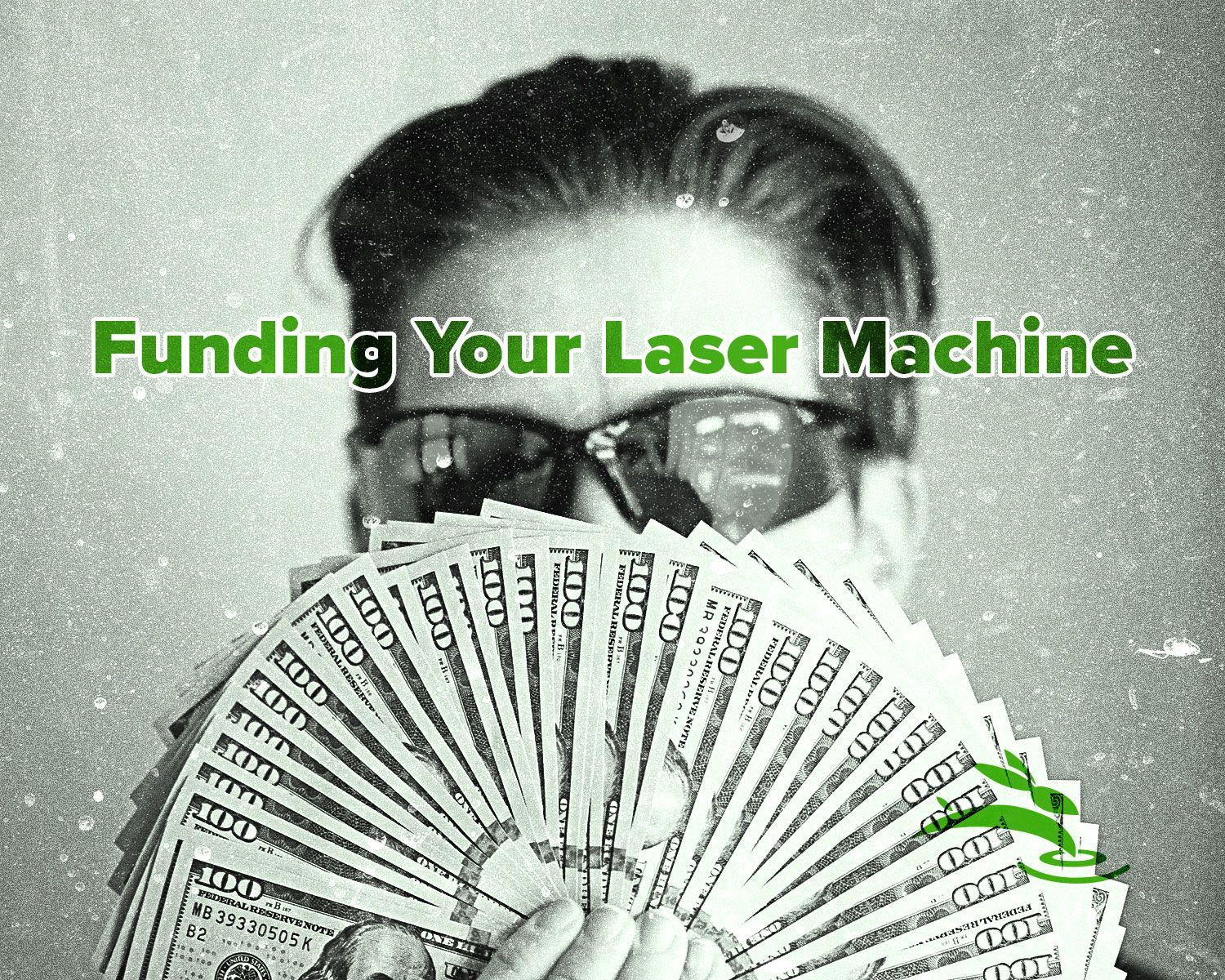 title text with man holding a large amount of hundred dollar bills