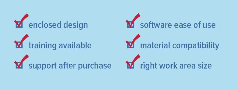 Checklist highlighting enclosed design, training, support, software ease, and material compatibility