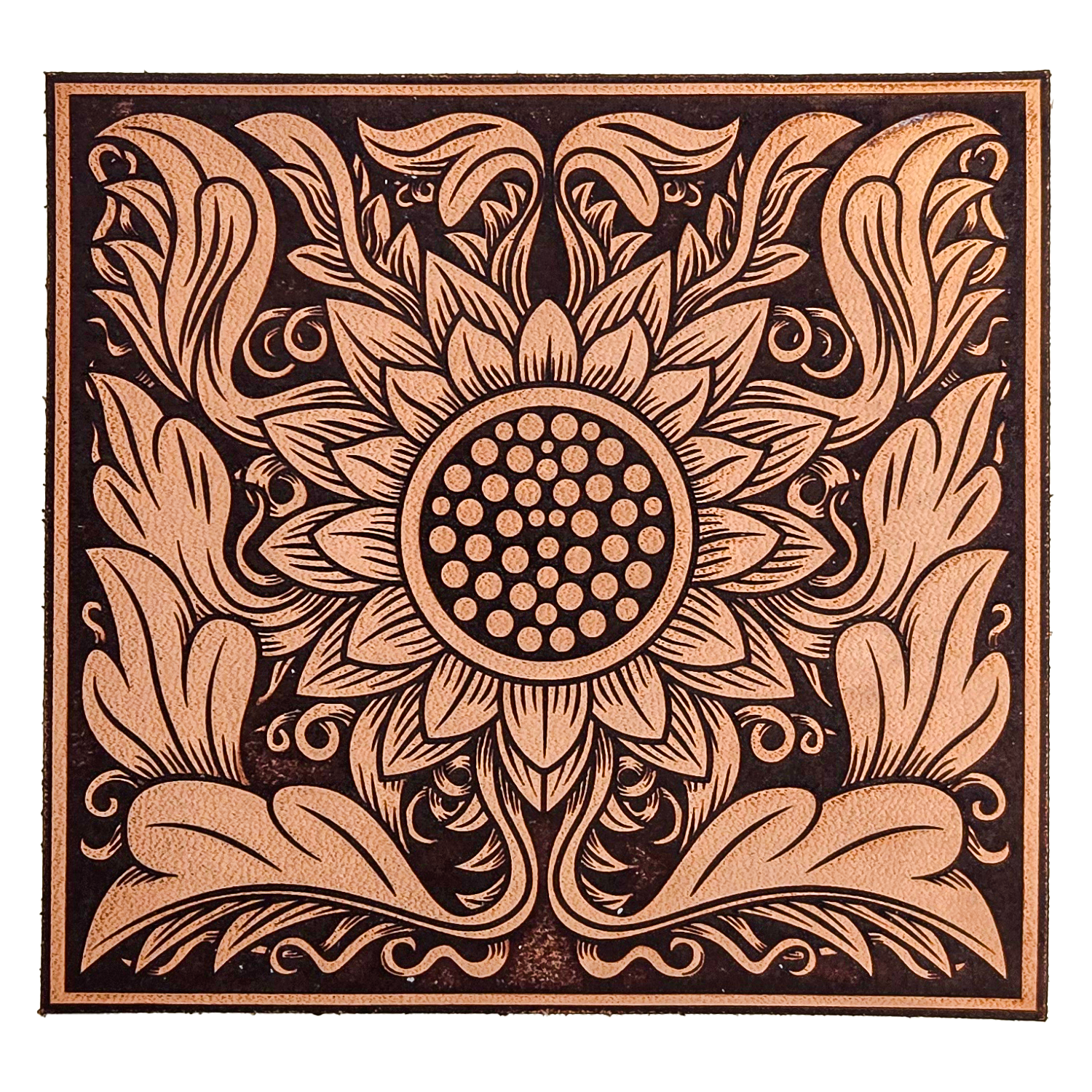 Laser engraved sunflower design on leather