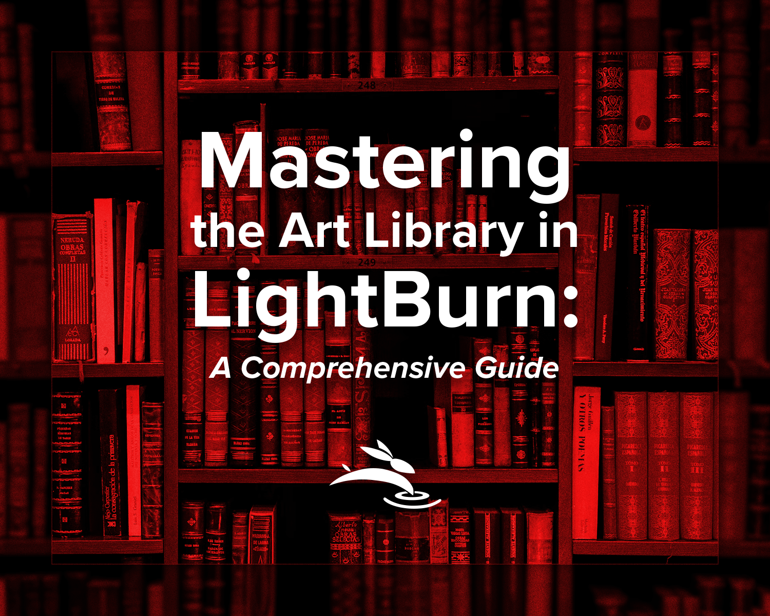 headline text in front of bookshelf with red overlay