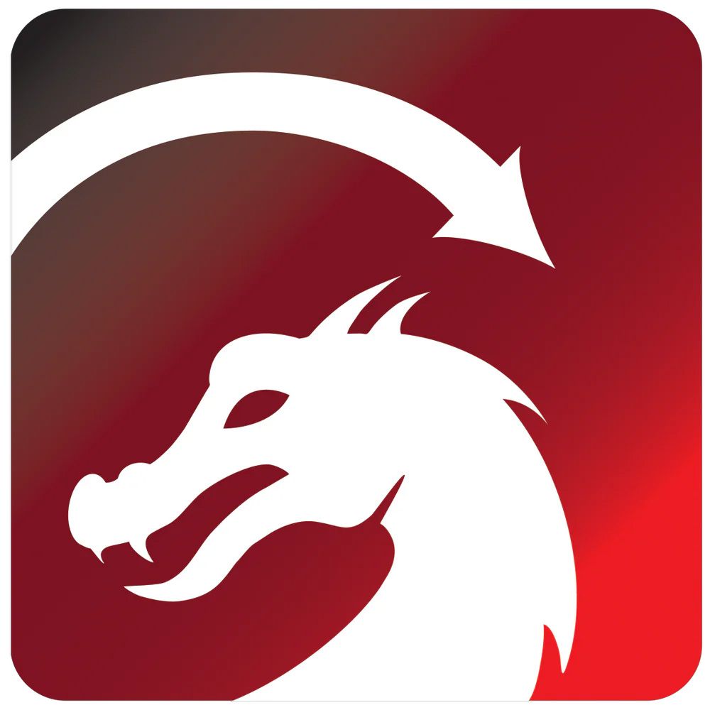White dragon head with an arched arrow on a red and black gradient background.
