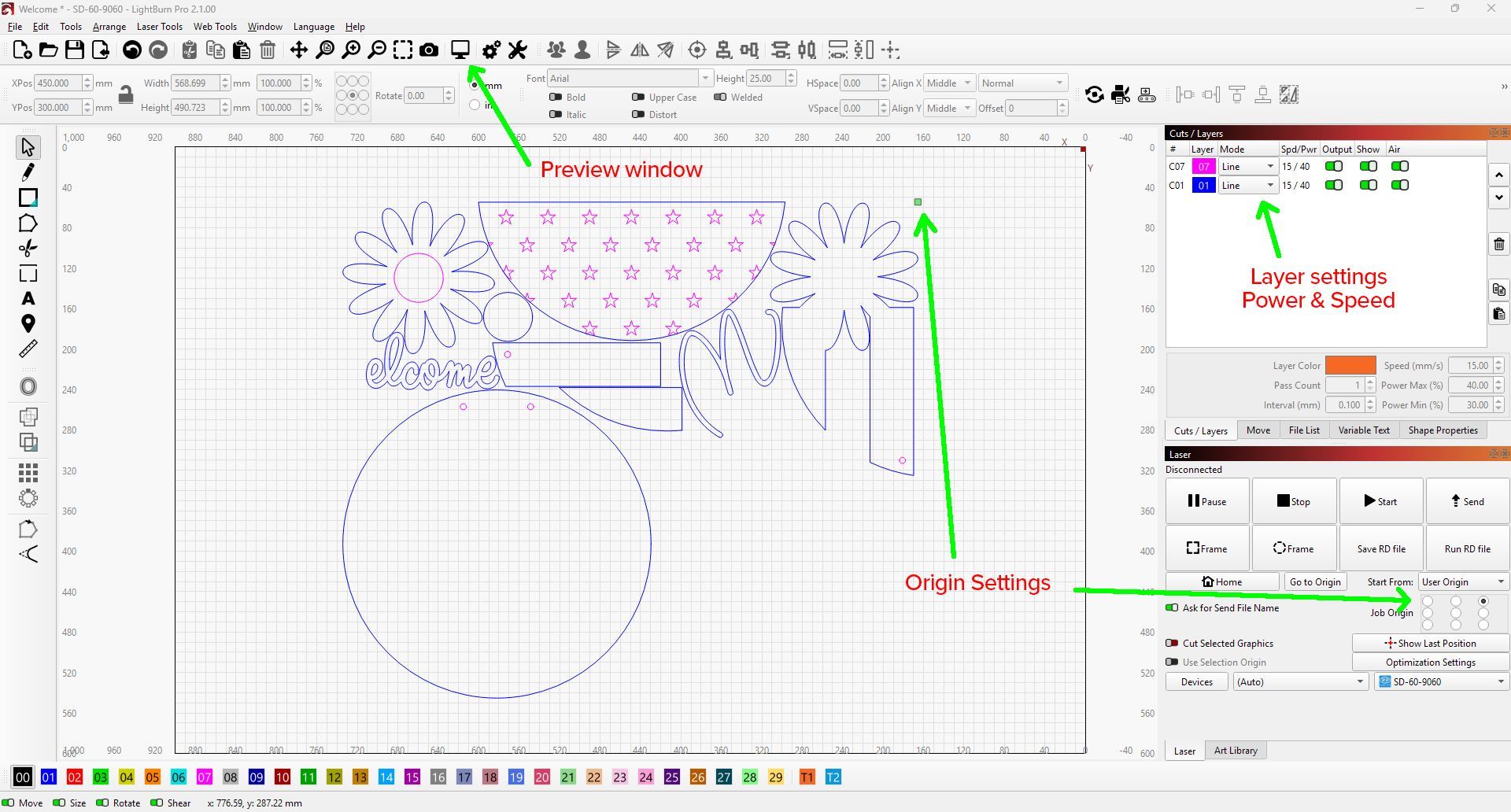 LightBurn workspace screenshot with callouts highlighting the preview window, layer speed and power settings, and user origin controls.
