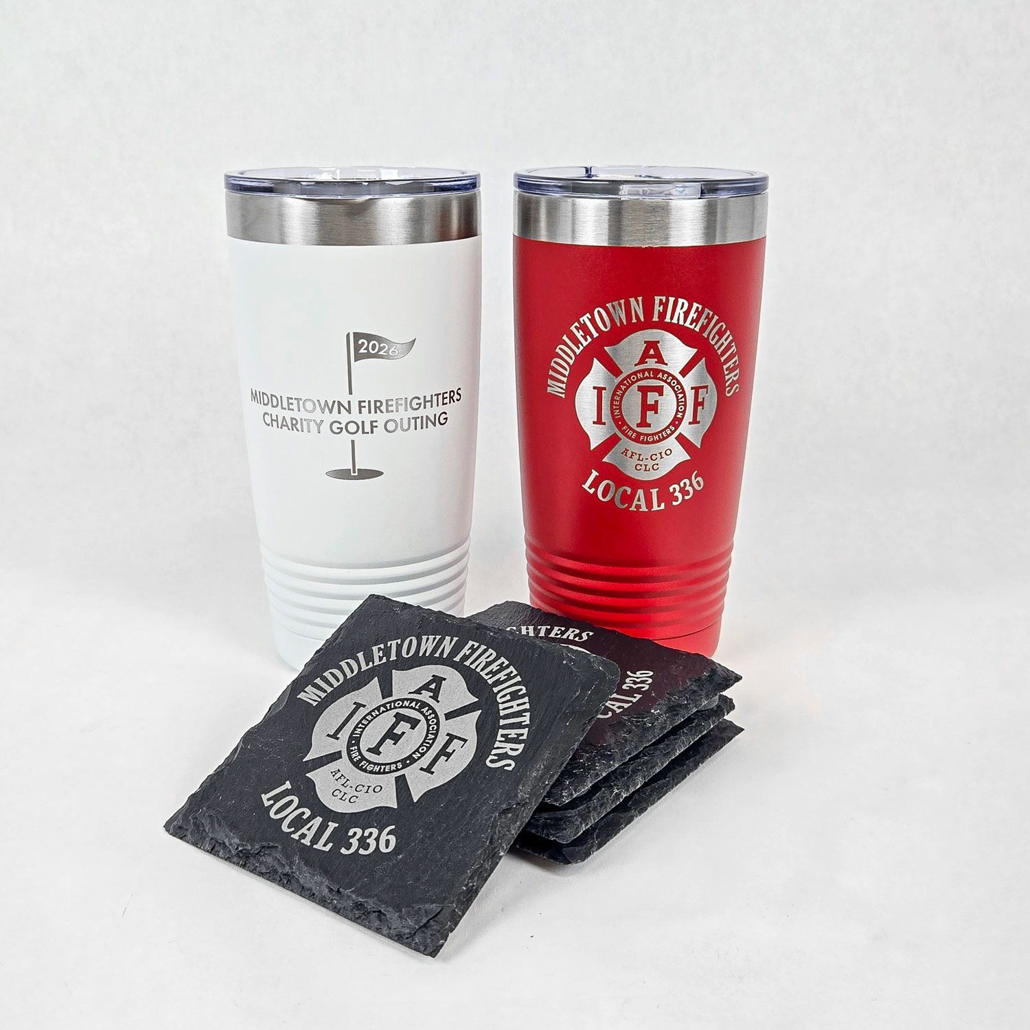 Engraved tumblers and slate coasters created for firefighter charity golf outing