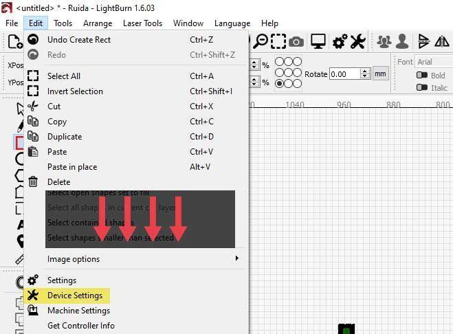 Device setup location in lightburn
