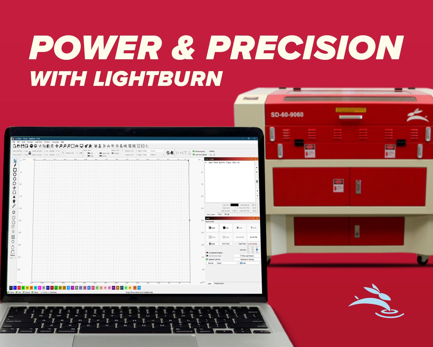 laptop with LightBurn software and an sd-40-6040 co2 laser cutting engraving machine with blog title
