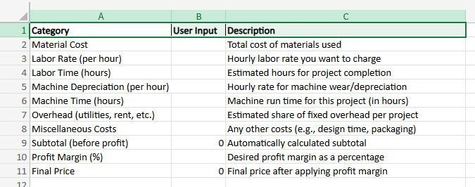 Spreadsheet template for calculating final price with fields for material, labor, machine time, overhead, and profit.