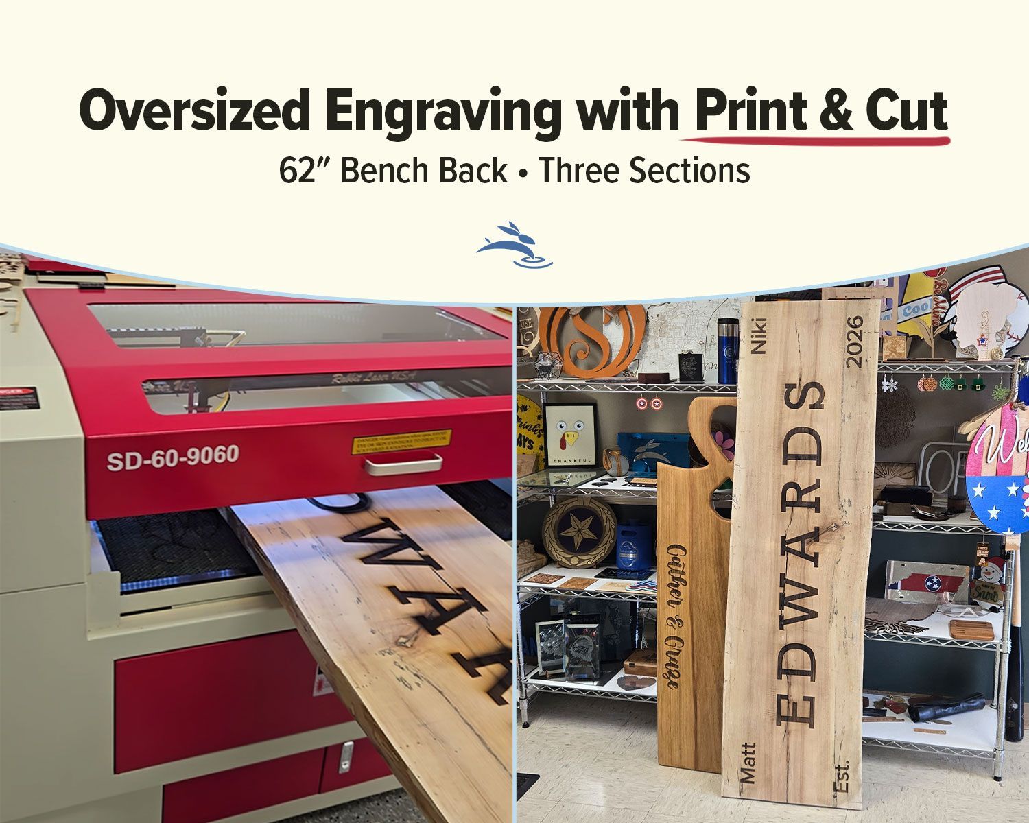 Graphic showing an oversized 62-inch bench back engraved in three sections using LightBurn Print & Cut.