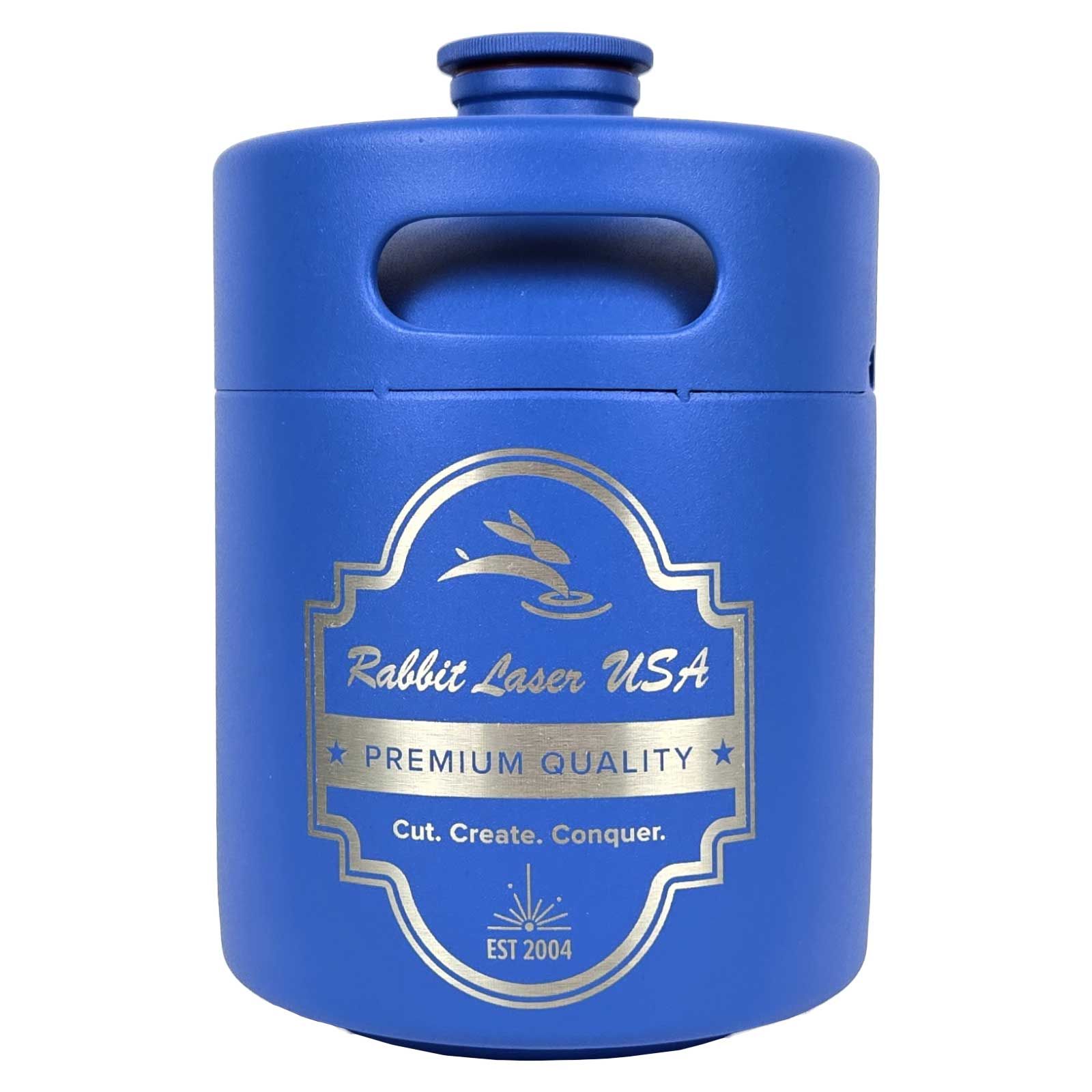 Blue container engraved with Rabbit Laser USA logo and premium quality label.
