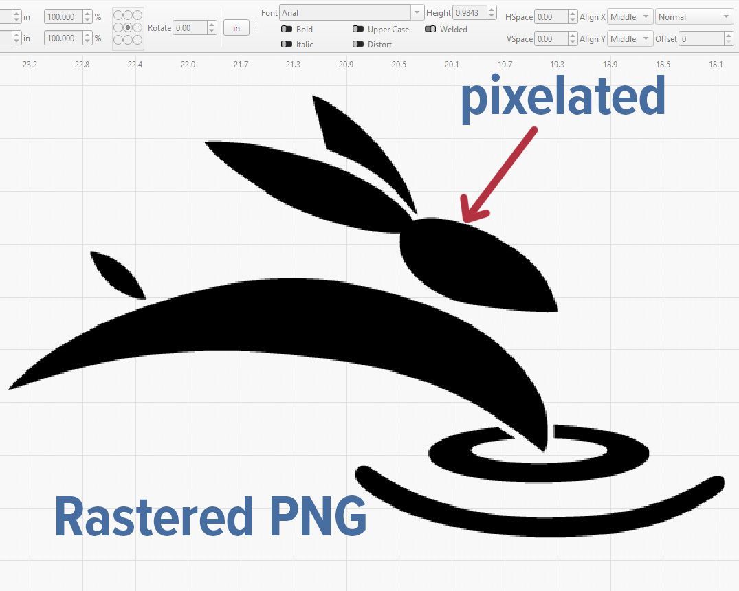 Screenshot showing pixelated edges on a rastered PNG of the Rabbit Laser USA logo in LightBurn with a red arrow and labels.