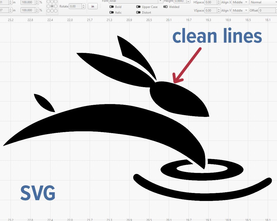 Screenshot showing smooth, clean lines on an SVG of the Rabbit Laser USA logo in LightBurn with a red arrow and blue labels.