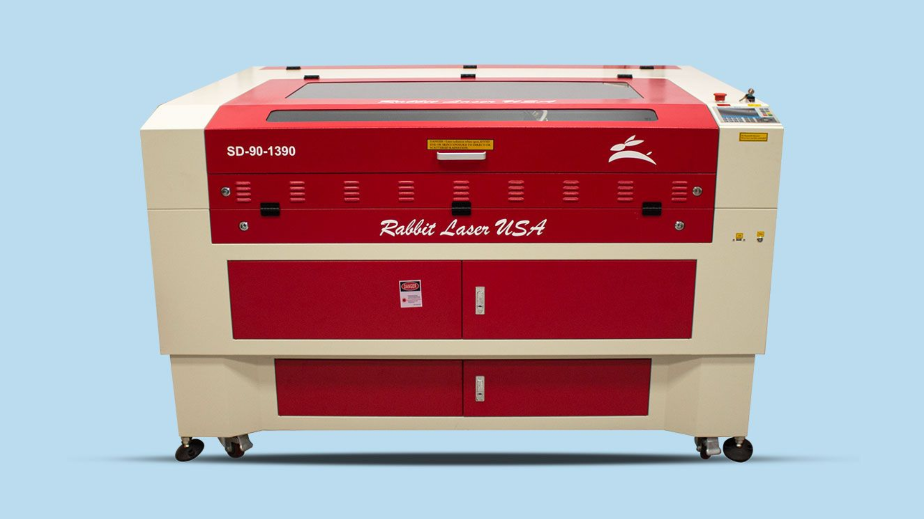 Rabbit Laser USA SD-90-1390 co2 laser machine on light blue background