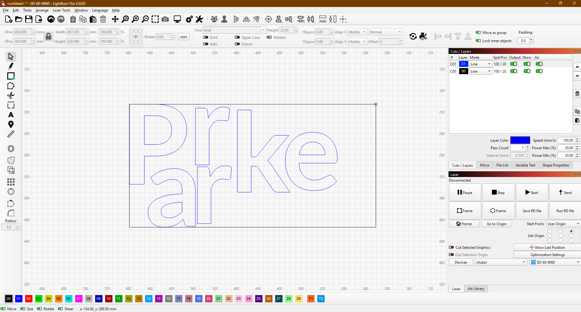 Unnested Rabbit text layout in LightBurn showing wasted space before using SVGnest