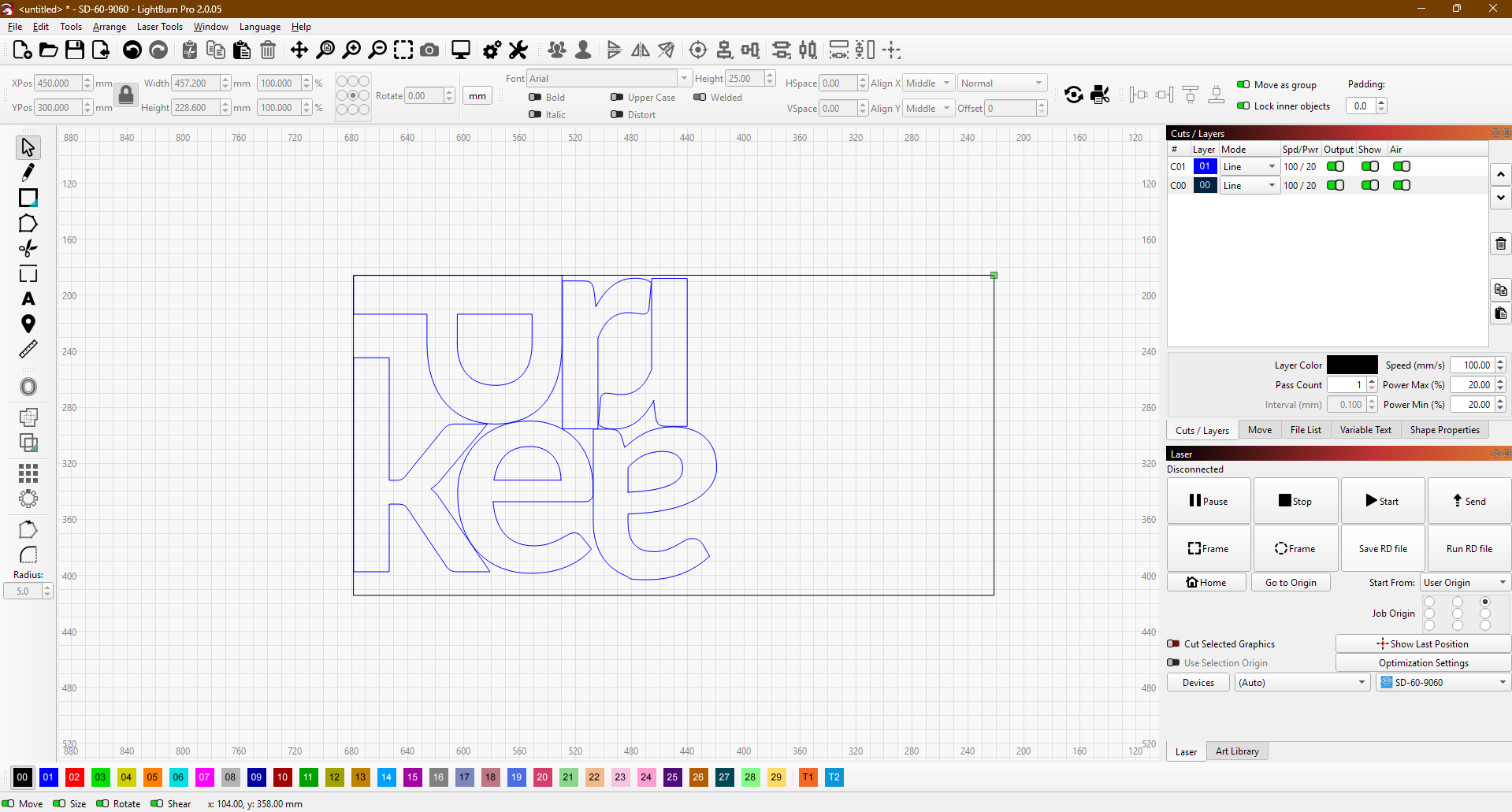 Nested Rabbit text layout imported into LightBurn for laser cutting after using SVGnest