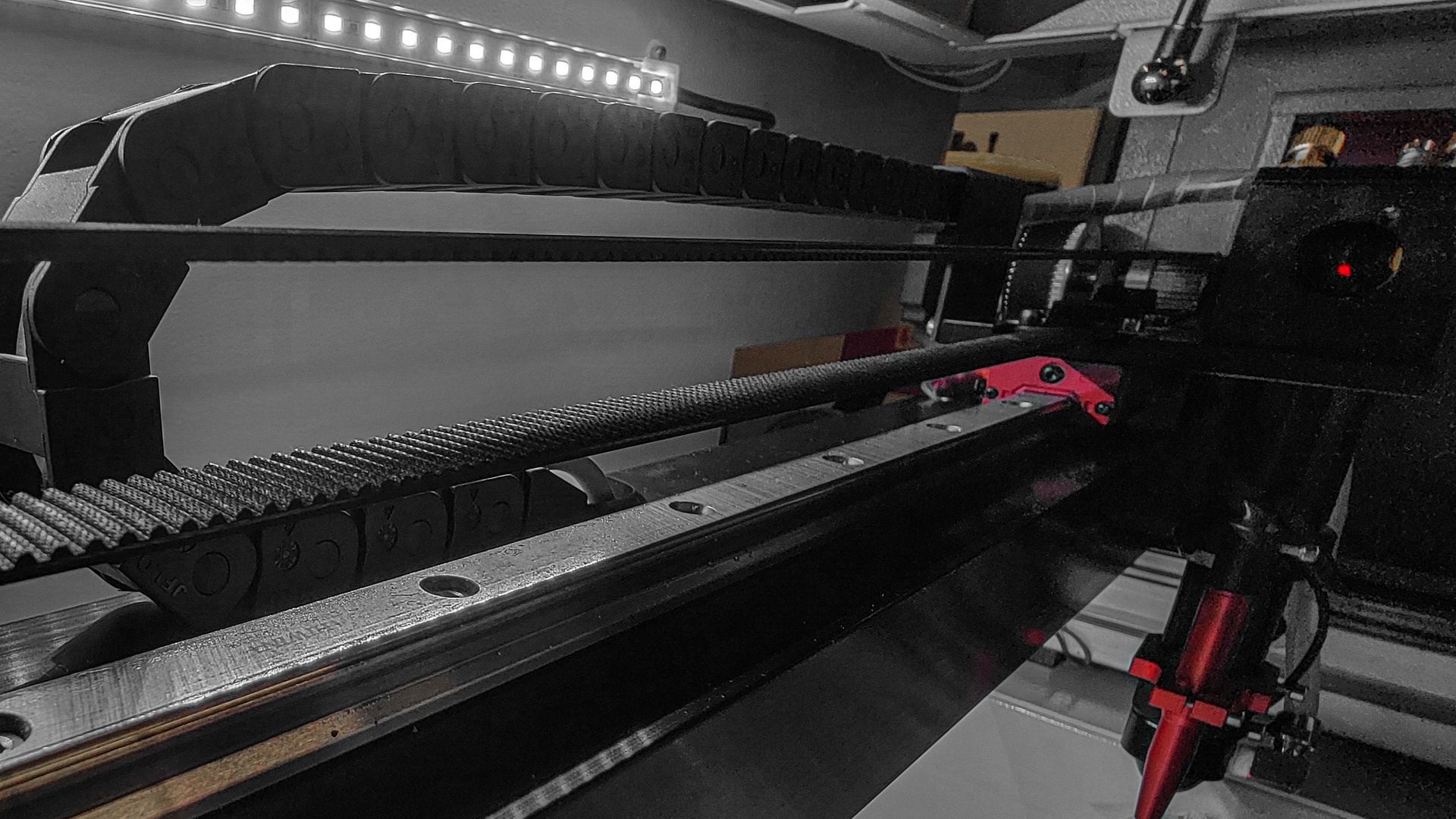 close up of guide rail inside of rabbit laser usa machine