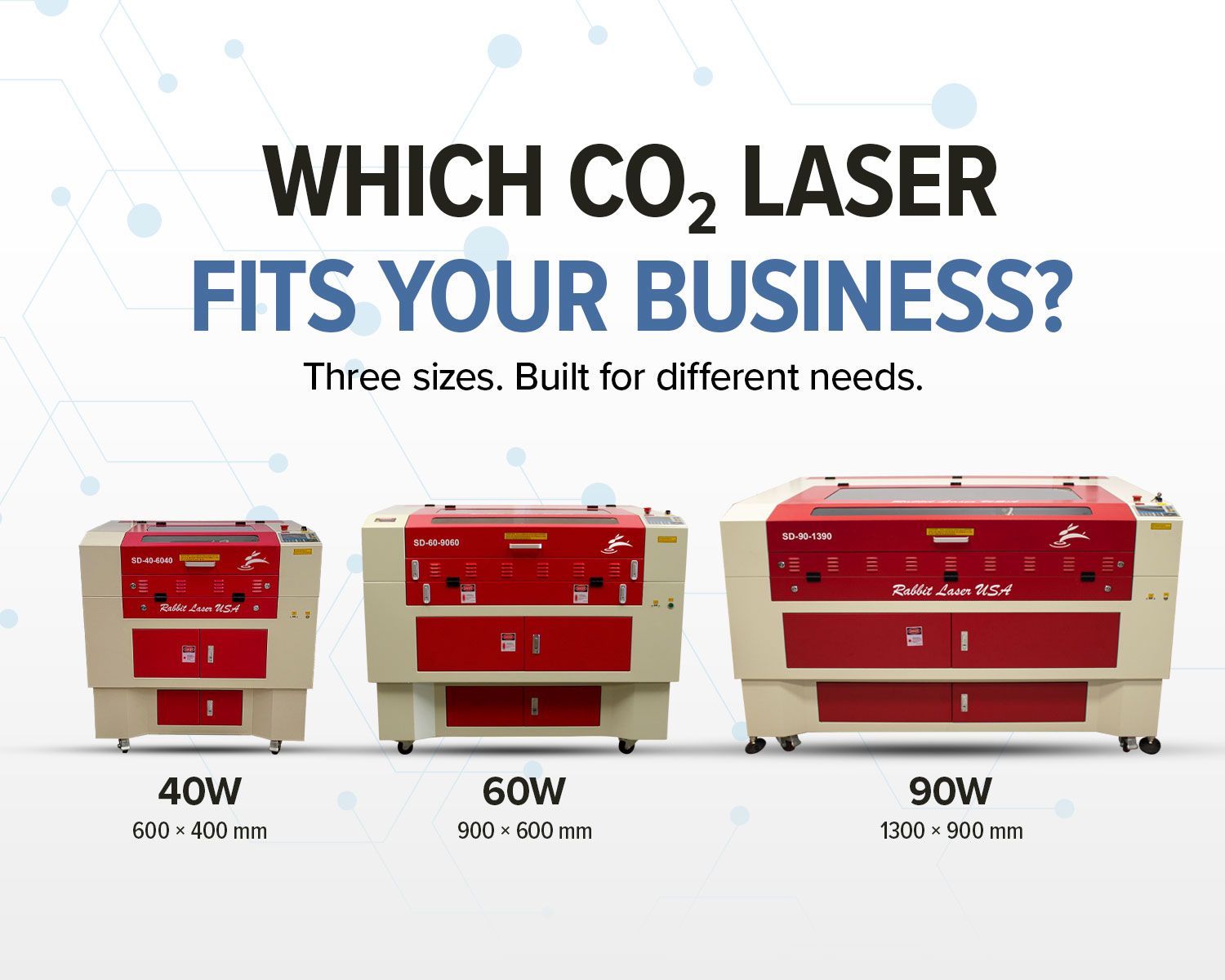 Rabbit Laser USA SD-40-6040 CO₂ laser machine with a branded blue keg in front, on a light blue background.