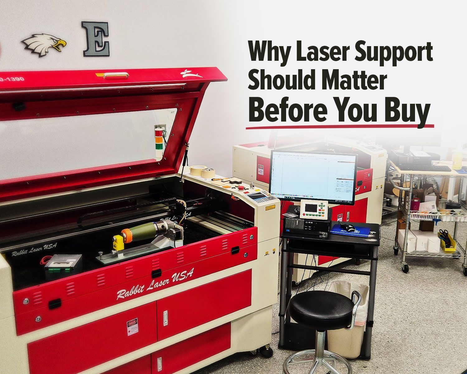 Rabbit Laser USA CO2 laser machine with support workstation for laser setup and troubleshooting.