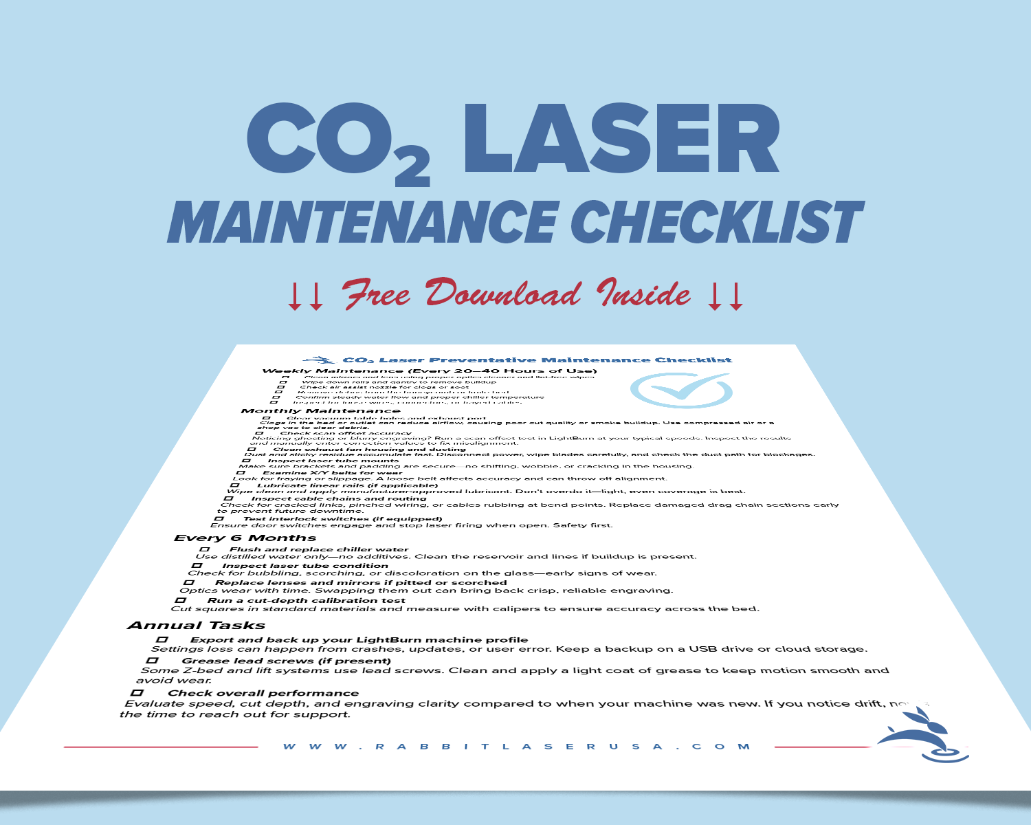 CO₂ Laser Maintenance Checklist with weekly, monthly, and annual tasks. Free PDF download available.