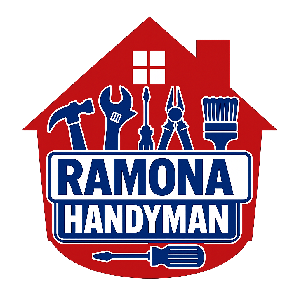 Ramona Handyman logo in red, white and blue with house, tools, and screwdriver