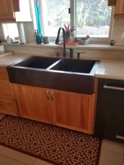 Kitchen sink with dark double basin under a window, wooden cabinets, and a countertop plant.
