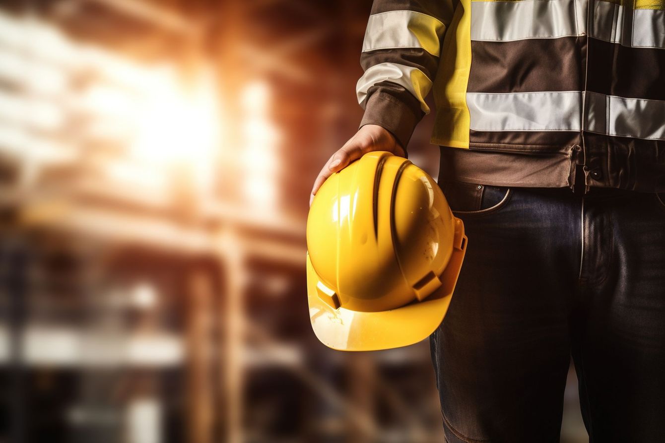 Un operaio con una camicia a righe tiene in mano un elmetto giallo in un cantiere edile.