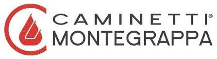 Logo Caminetti Montegrappa con icona di fiamma rossa e testo nero su sfondo bianco.