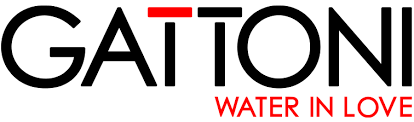 Logo GATTONI con accento rosso e slogan “WATER IN LOVE” in rosso
