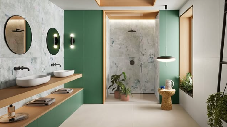 Bagno moderno con pareti verdi, mobile lavabo in legno, specchi rotondi e cabina doccia con piante.