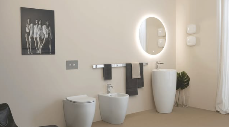 Bagno moderno e minimalista con lavabo, specchio, portasciugamani, WC e pianta in vaso.