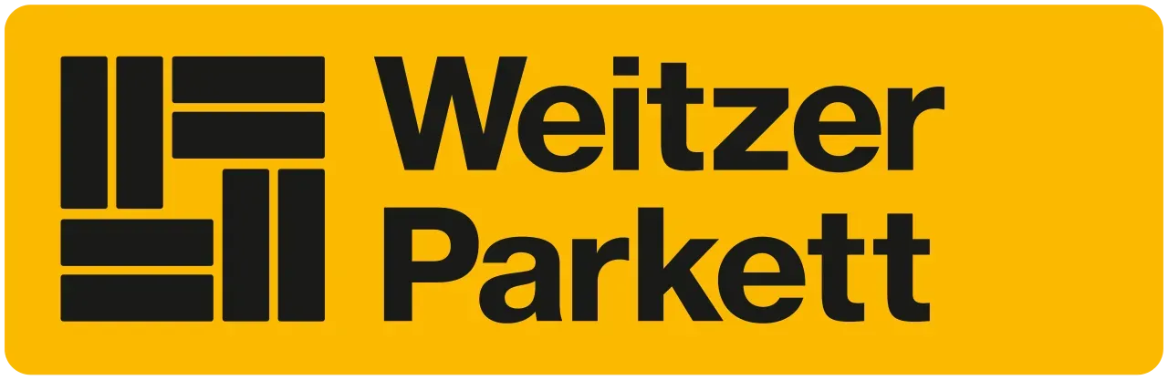 Logo di Weitzer Parkett su sfondo giallo con icona geometrica nera e testo in grassetto.