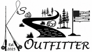 Outdoor outfitter logo with river, trees, fishing gear, and American flag; “Est. 2025” text.