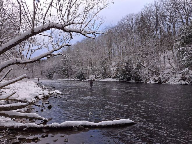 Snow-covered riverbank with bare trees and a dark flowing river in winter.