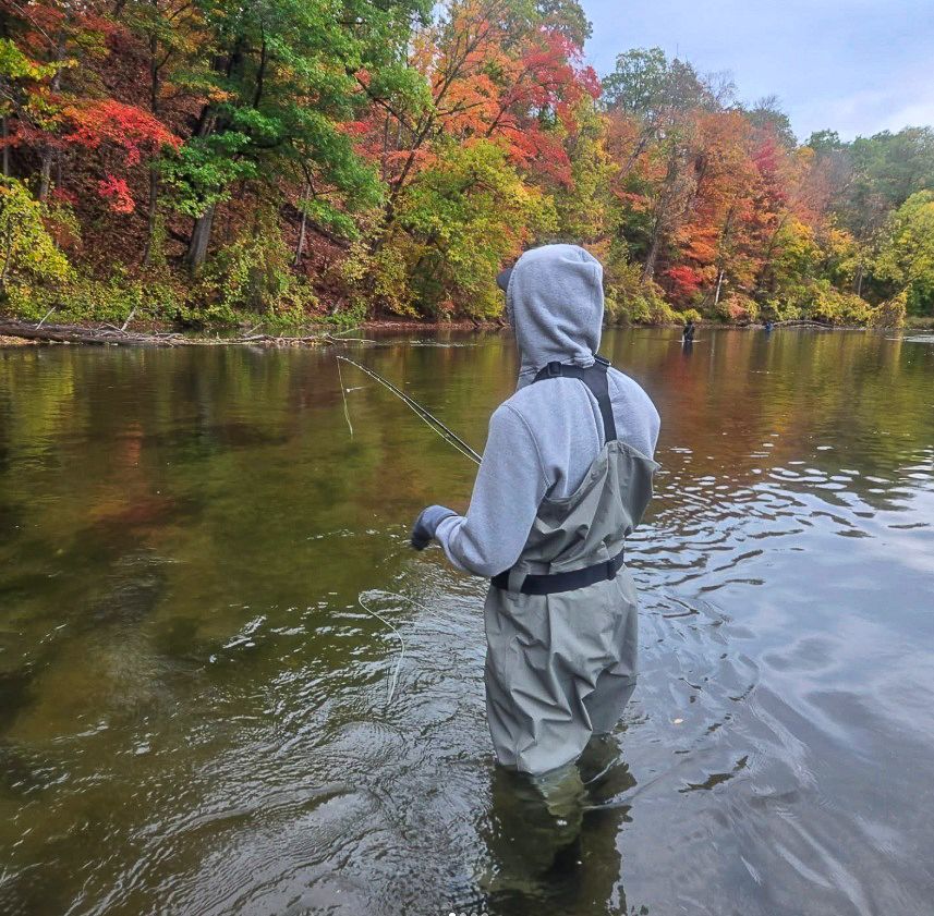 Person fishing in a shallow river, wearing a gray hooded jacket and waders, with autumn trees along the bank.