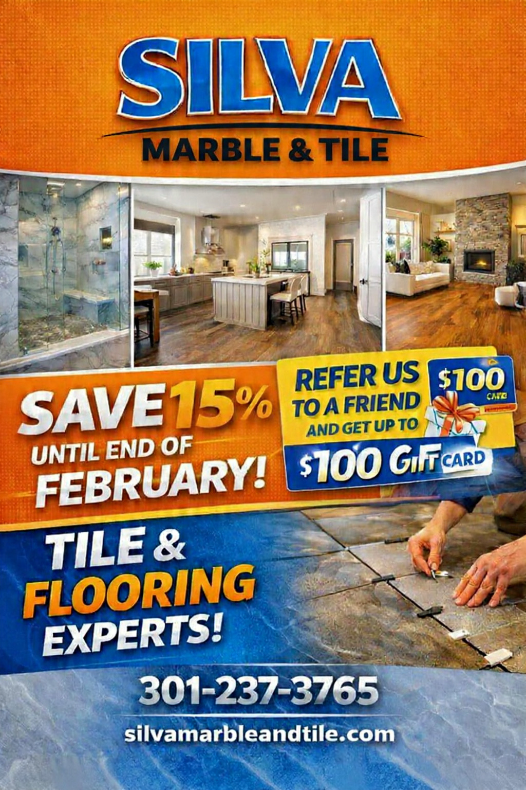 Silva Marble & Tile advertisement with a 15% off sale, referral bonus, and phone number.