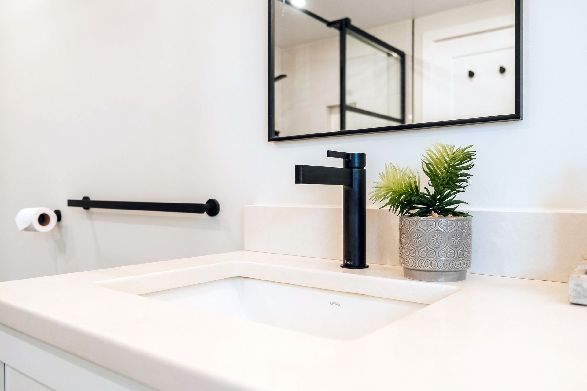 A bathroom sink with a black faucet and a potted plant on the counter.