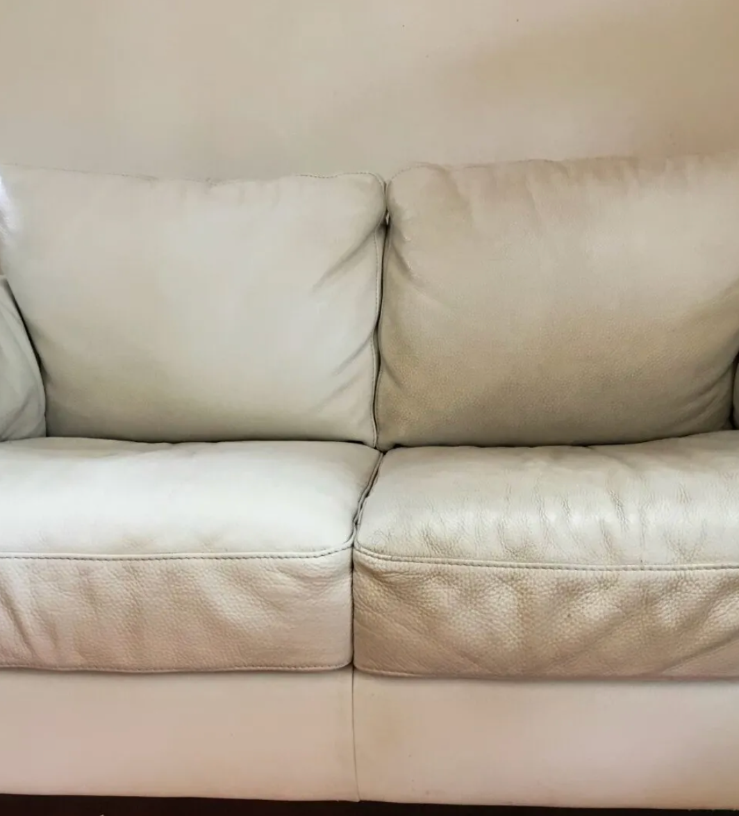 A Before And After Of A Cream Colored Leather Couch Getting Cleaned  — Carpet Pro Care in Goonellabah, NSW