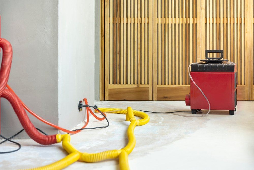 A Room With a Red Dryer and Yellow Hoses on the Floor — Carpet Pro Care in Goonellabah, NSW