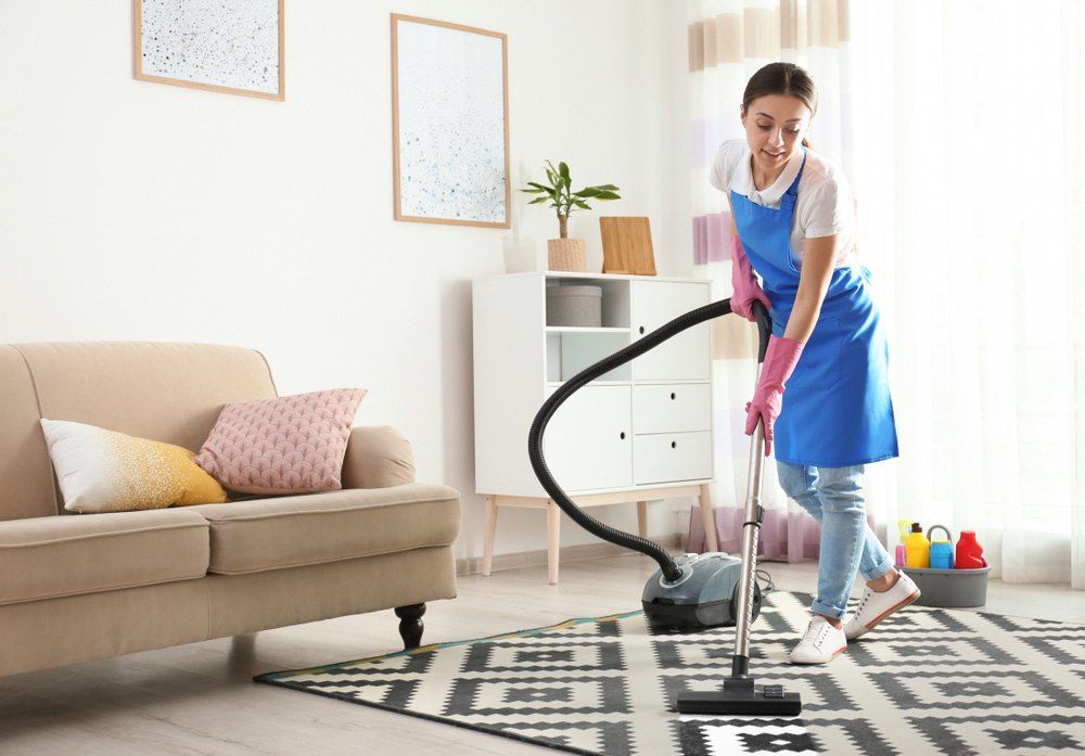 A Woman is Using a Vacuum Cleaner to Clean a Rug in a Living Room — Carpet Pro Care in Alstonville, NSW