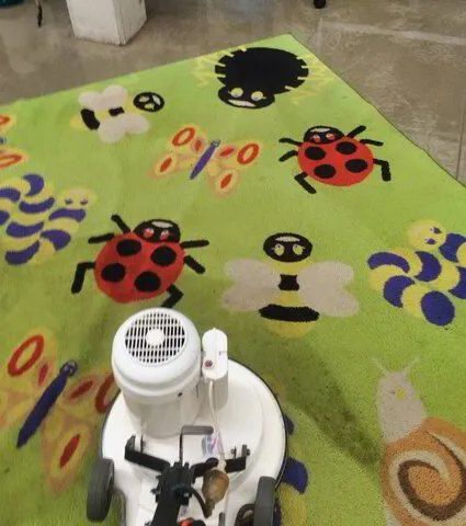 A Lawn Mower is Sitting on a Green Rug With Ladybugs on It — Carpet Pro Care in Goonellabah, NSW