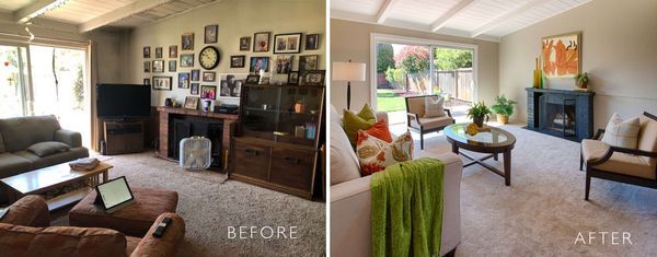 Living room before-and-after view with darker decor on the left and bright, airy decor on the right.