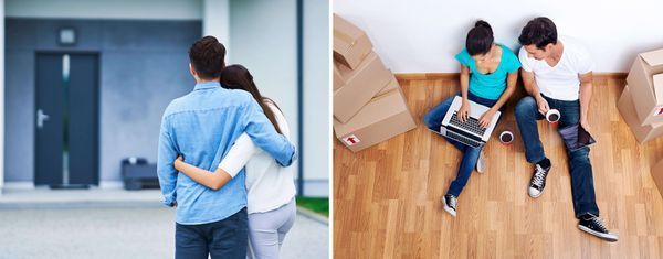 Two people sit on the floor beside moving boxes, one leaning on the other's shoulder while using a laptop.