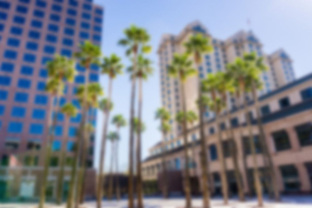Blurred city plaza with tall palm trees and high-rise buildings on a sunny day