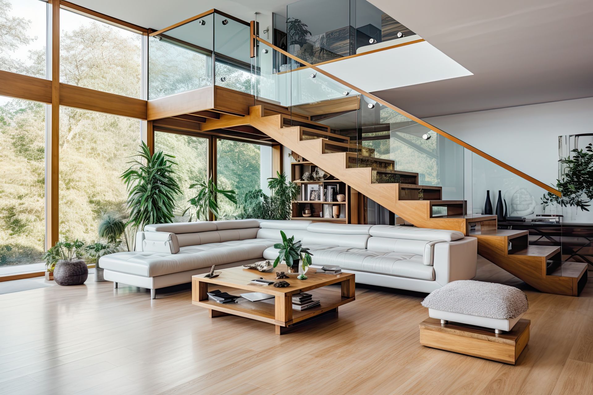 Modern living room with large windows, glass staircase, white sectional sofa, and wood accents