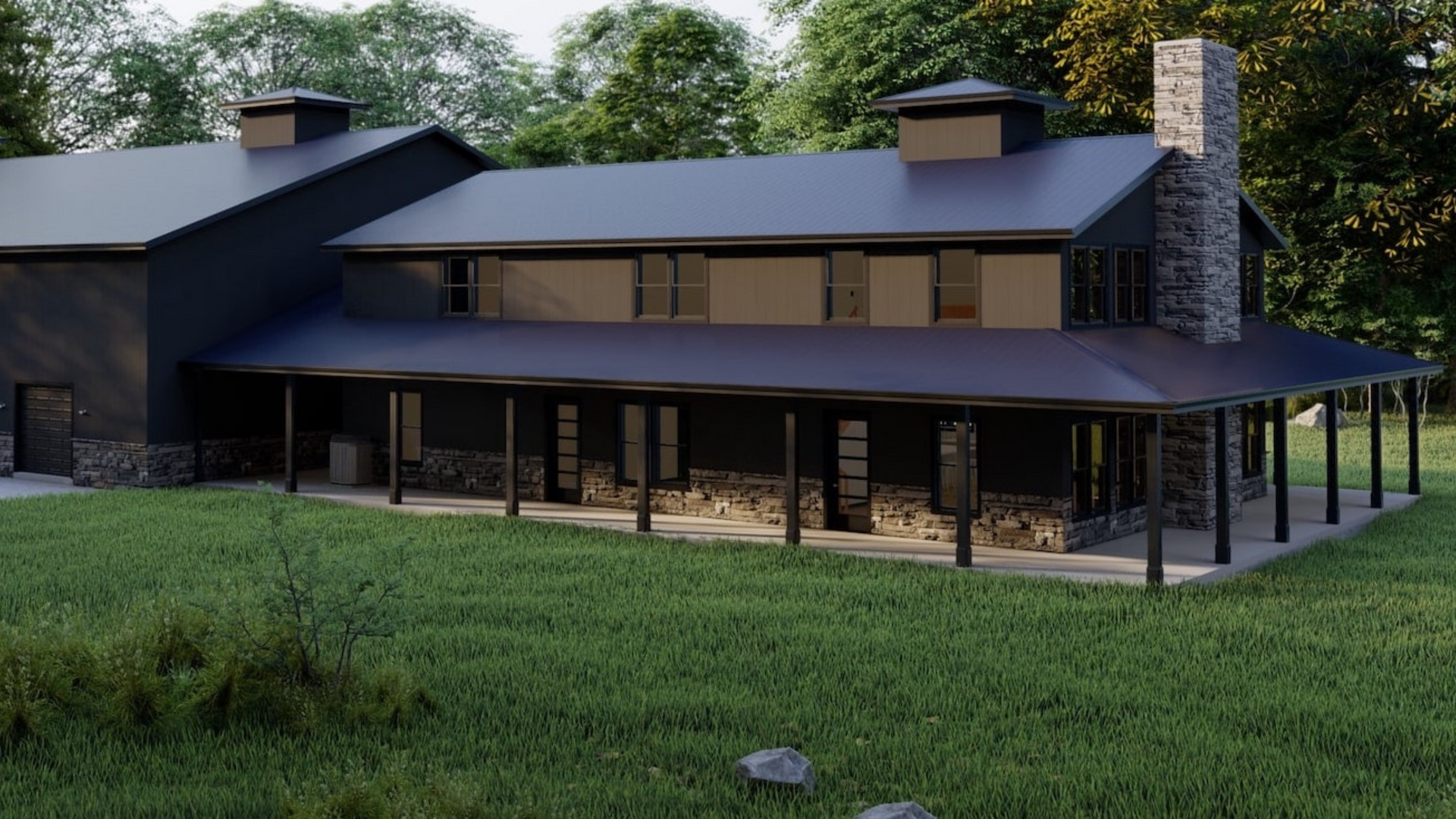 A large house with a porch and a chimney is sitting on top of a lush green field.