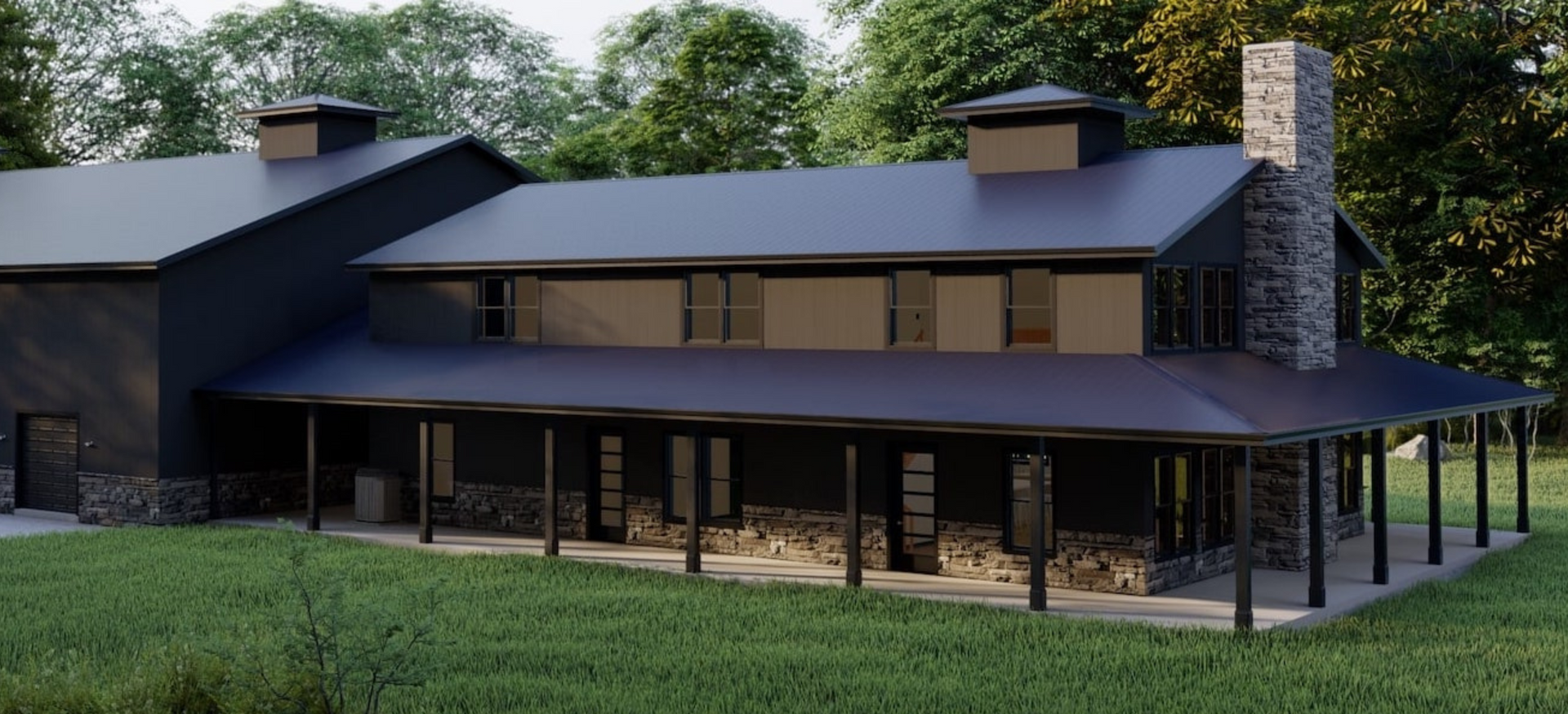 A large black house with a porch and a chimney is sitting in the middle of a grassy field.