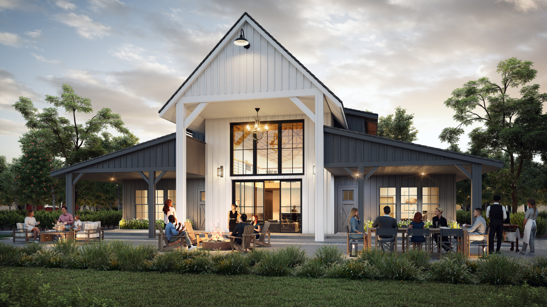 Large event venue barndominium with spacious interiors and large exterior porches and patio areas