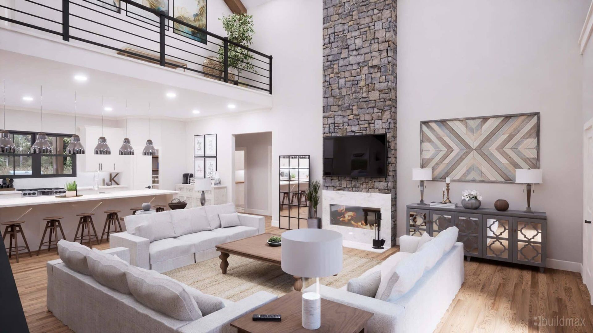 Large two level barndominium interior with luxury furnishings.