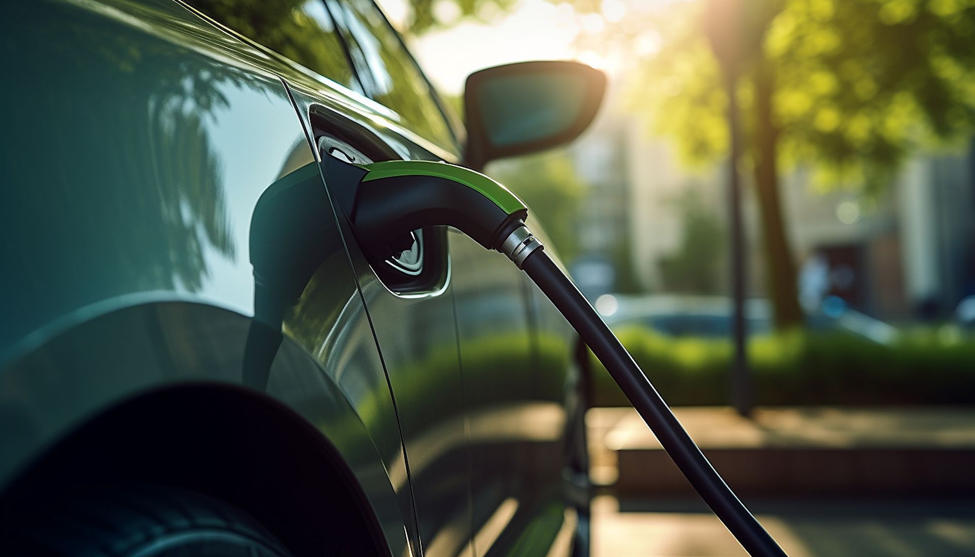 Voiture électrique verte en charge avec un câble, lumière du soleil en arrière-plan.