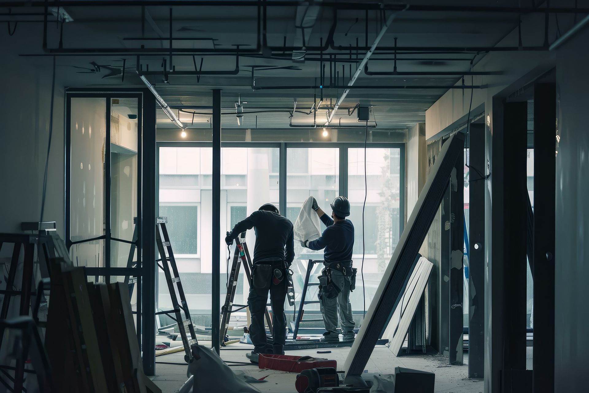 Deux ouvriers du bâtiment à l'intérieur d'un bâtiment en rénovation, examinant un plan près d'une fenêtre, entourés d'outils et de matériaux.
